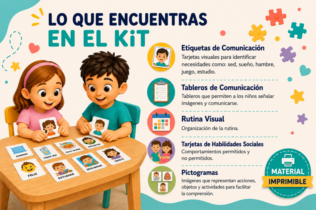 Contenido del kit: etiquetas de comunicación, tableros, rutina visual, tarjetas de habilidades sociales y pictogramas